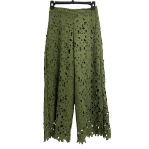 Olive Green Boho  Floral Coastal  Lace Wide Leg Culotte Pants Elastic Waist Boho